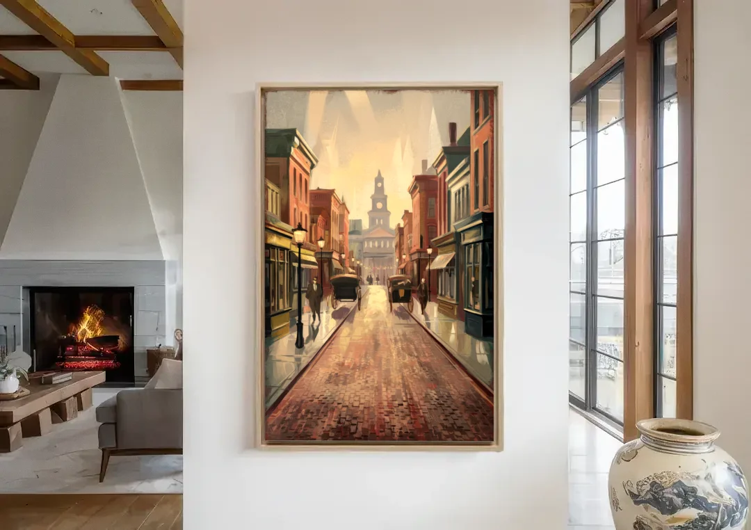 Joseph Historic Downtown canvas wall art in a living room with a fireplace