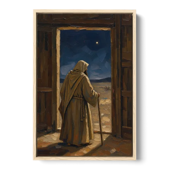 Religious Scene of Joseph Keeping Night Watch - Oak Framed Canvas Wall Art - Front