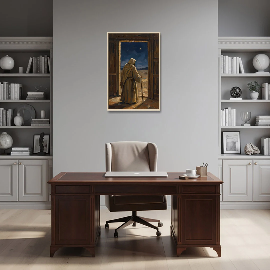 Religious Scene of Joseph Keeping Night Watch - Oak Framed Canvas Wall Art - Office - 24x36