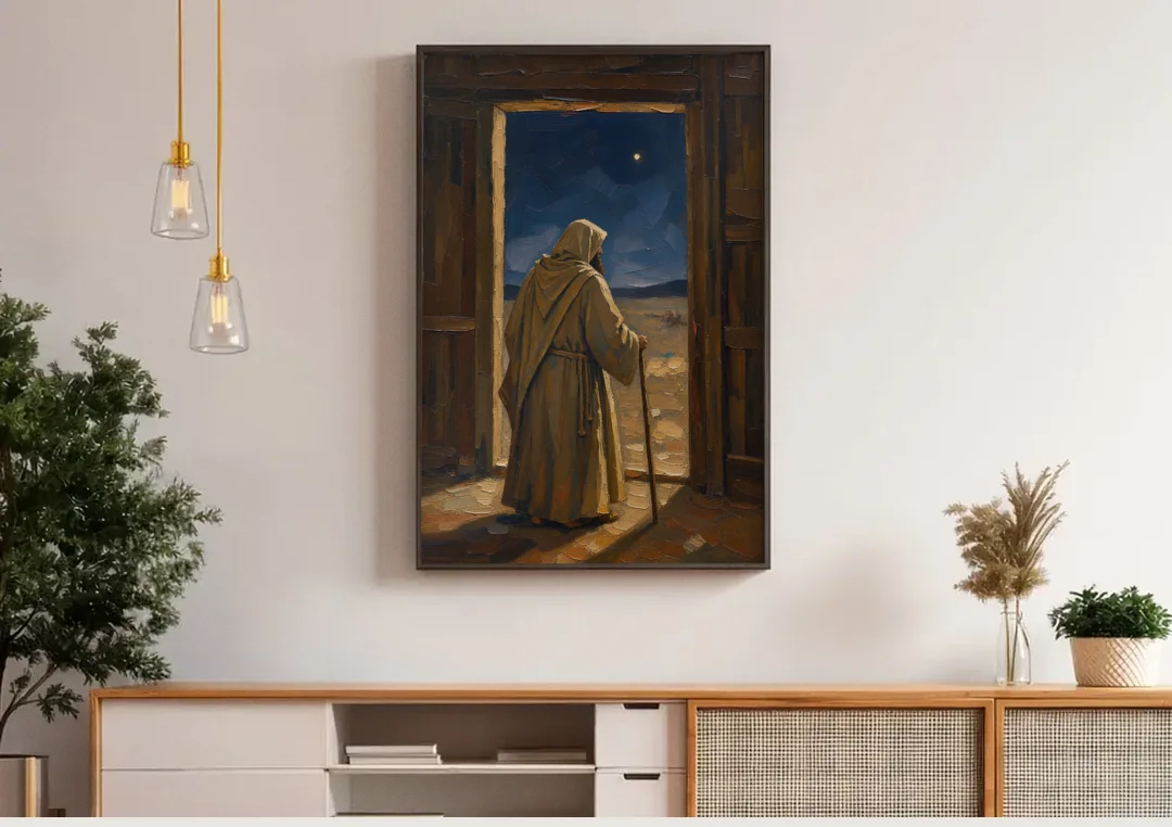Religious Scene of Joseph Keeping Night Watch canvas wall art above a wooden sideboard under pendant lights