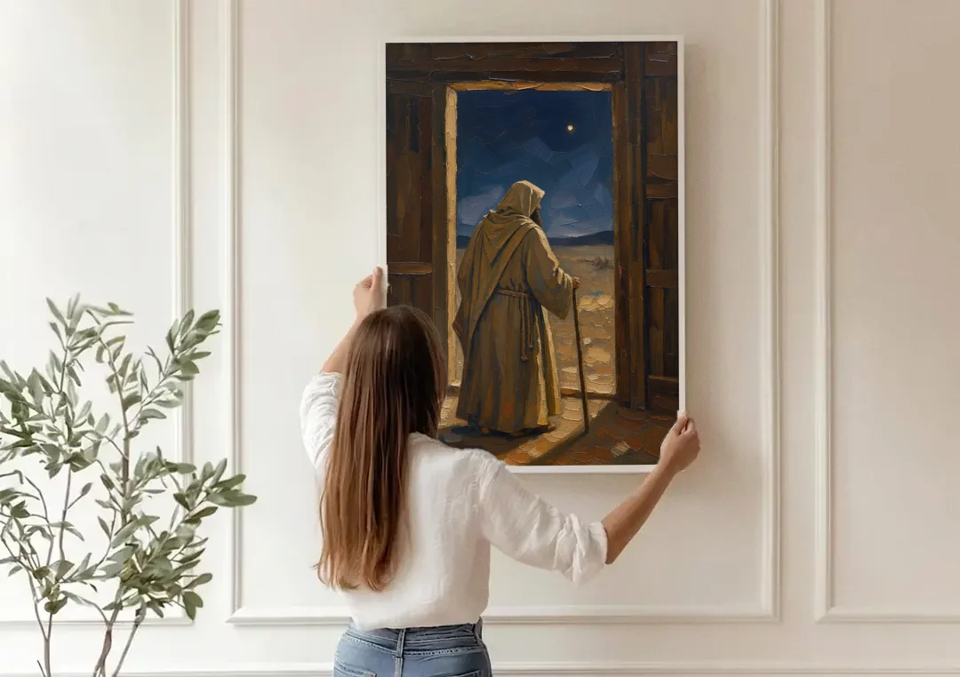 Religious Scene of Joseph Keeping Night Watch canvas wall art being hung on a paneled wall