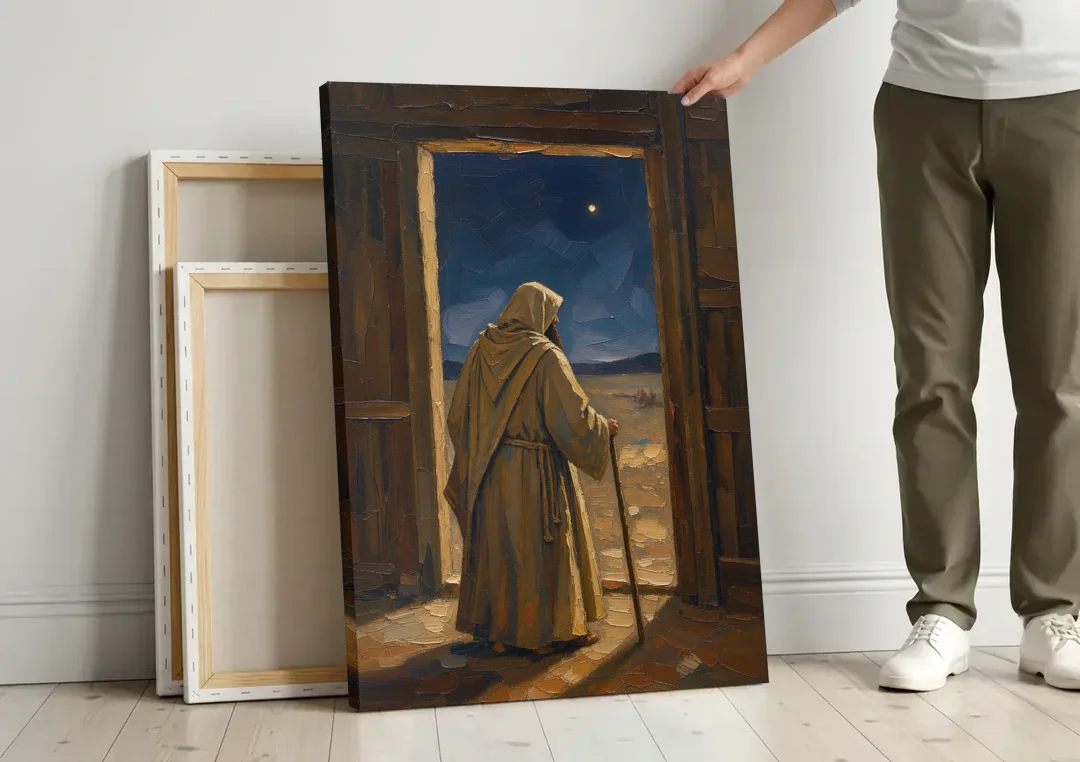 Religious Scene of Joseph Keeping Night Watch canvas wall art leaning against a wall next to blank canvases