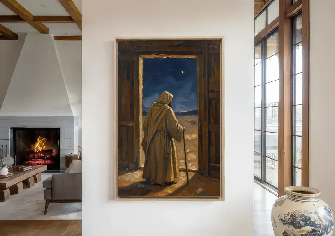 Religious Scene of Joseph Keeping Night Watch canvas wall art in a living room with a fireplace