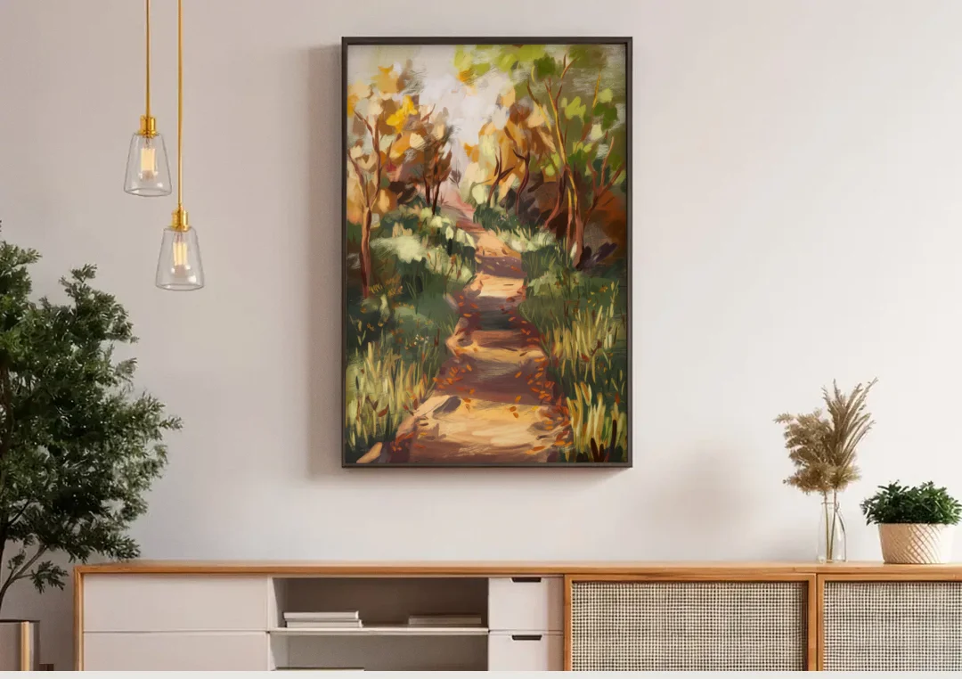 Joseph Nature Trails canvas wall art above a wooden sideboard under pendant lights