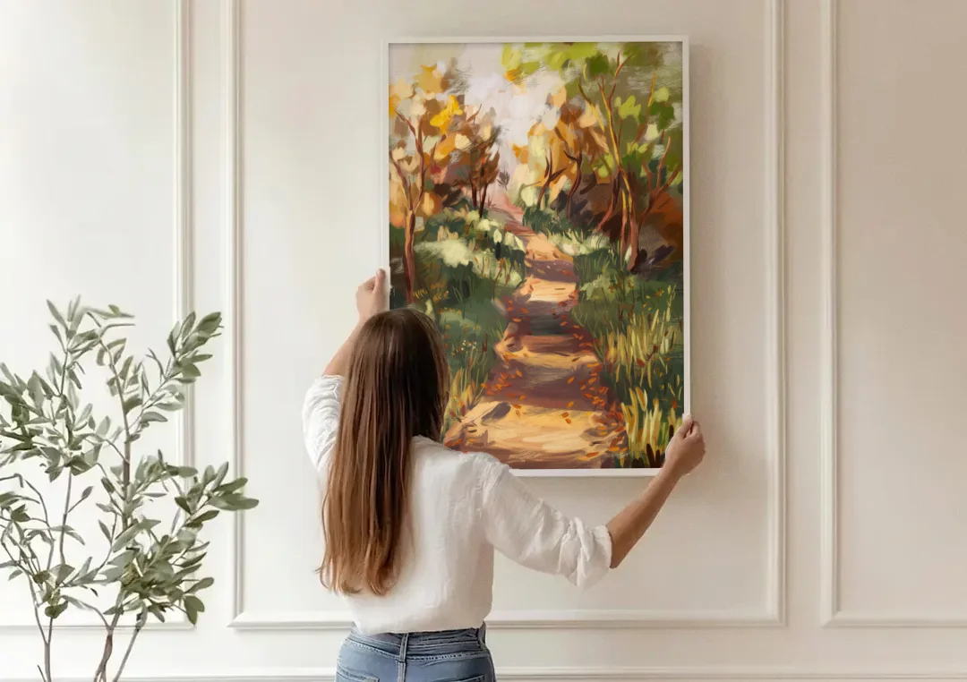 Joseph Nature Trails canvas wall art being hung on a paneled wall