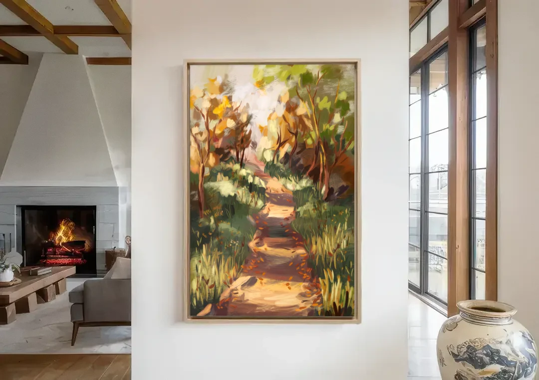 Joseph Nature Trails canvas wall art in a living room with a fireplace