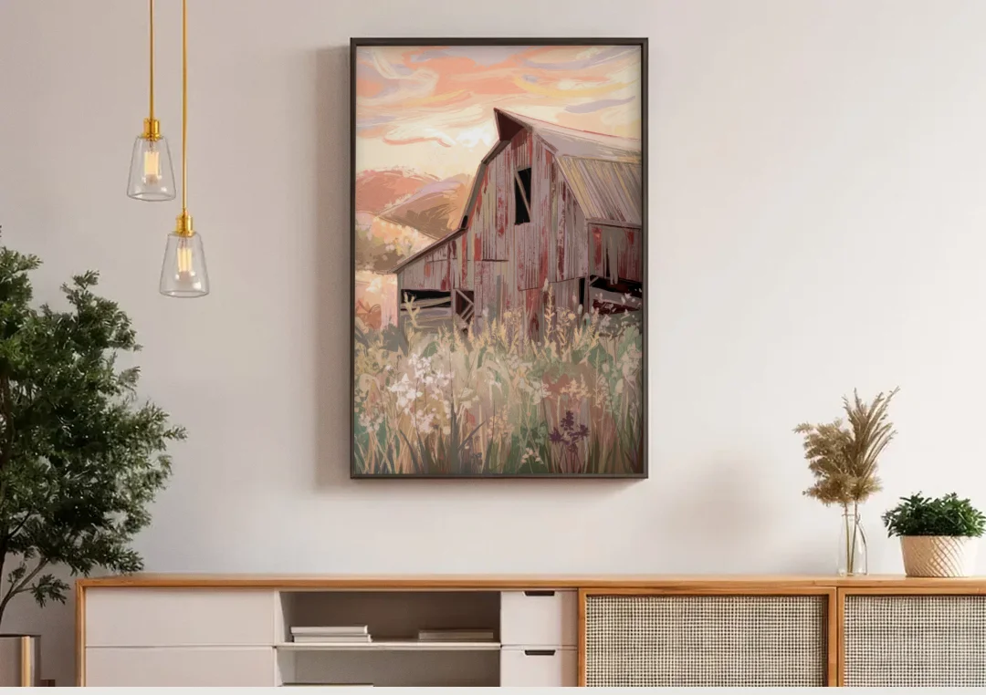 Joseph Rustic Charm canvas wall art above a wooden sideboard under pendant lights
