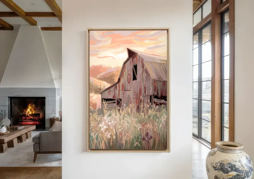 Joseph Rustic Charm canvas wall art in a living room with a fireplace
