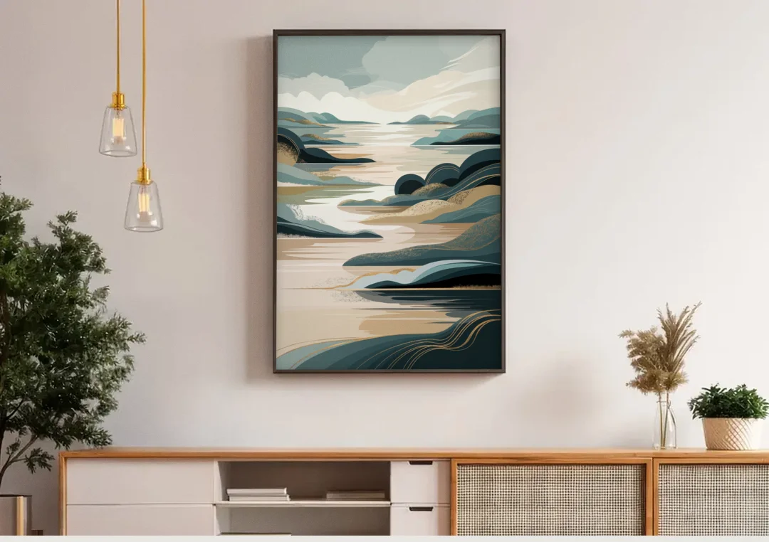 Joseph Scenic Horizon canvas wall art above a wooden sideboard under pendant lights