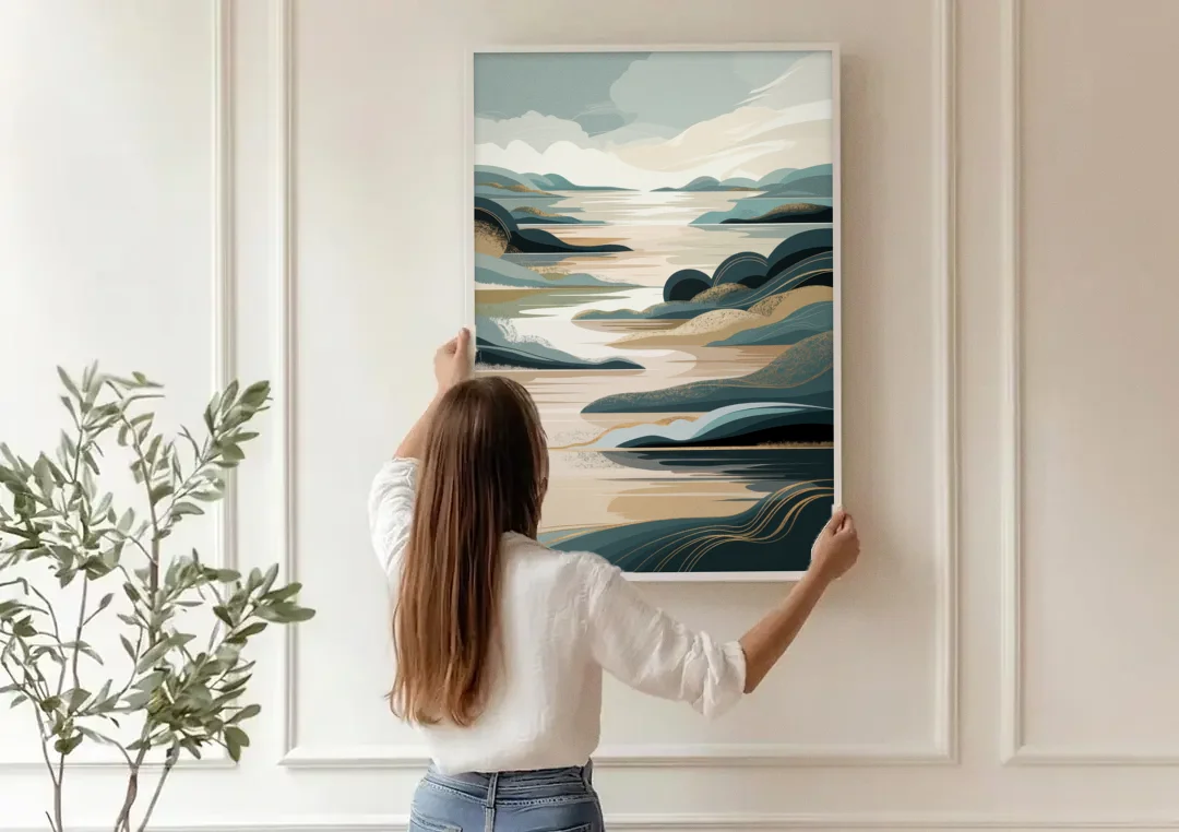 Joseph Scenic Horizon canvas wall art being hung on a paneled wall