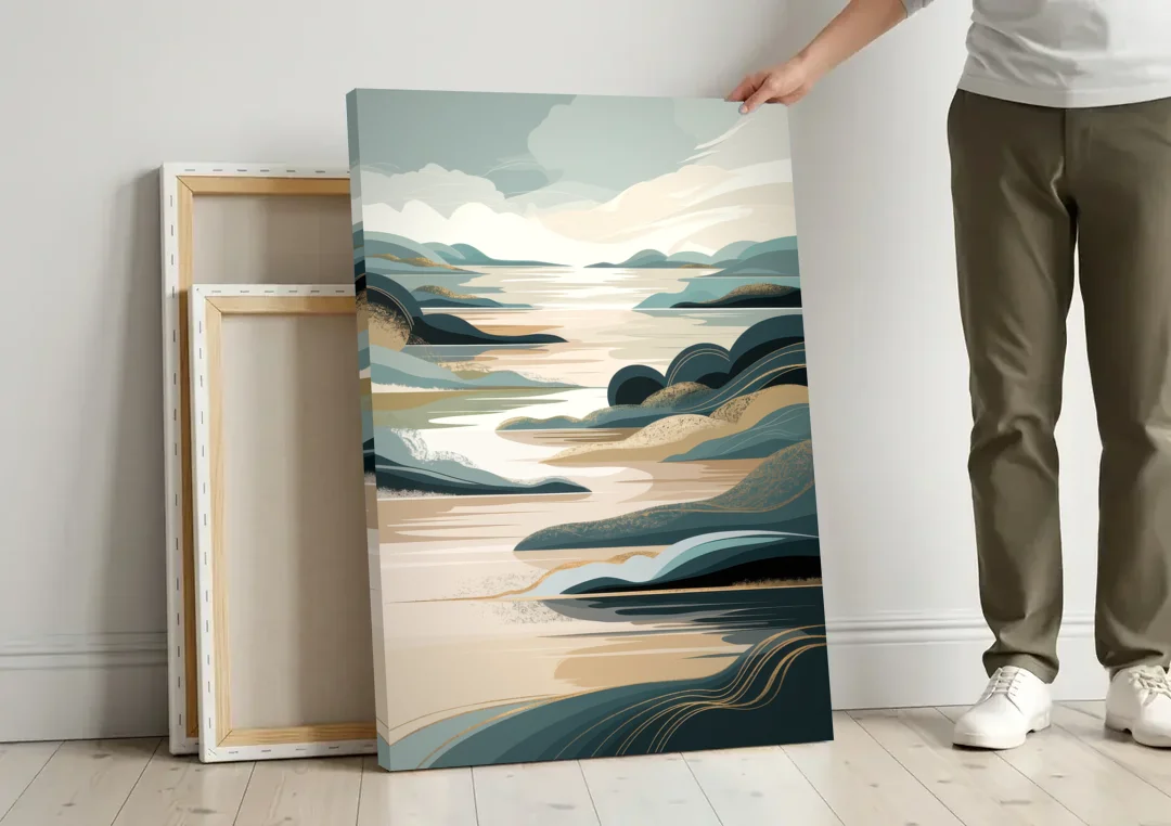Joseph Scenic Horizon canvas wall art leaning against a wall next to blank canvases