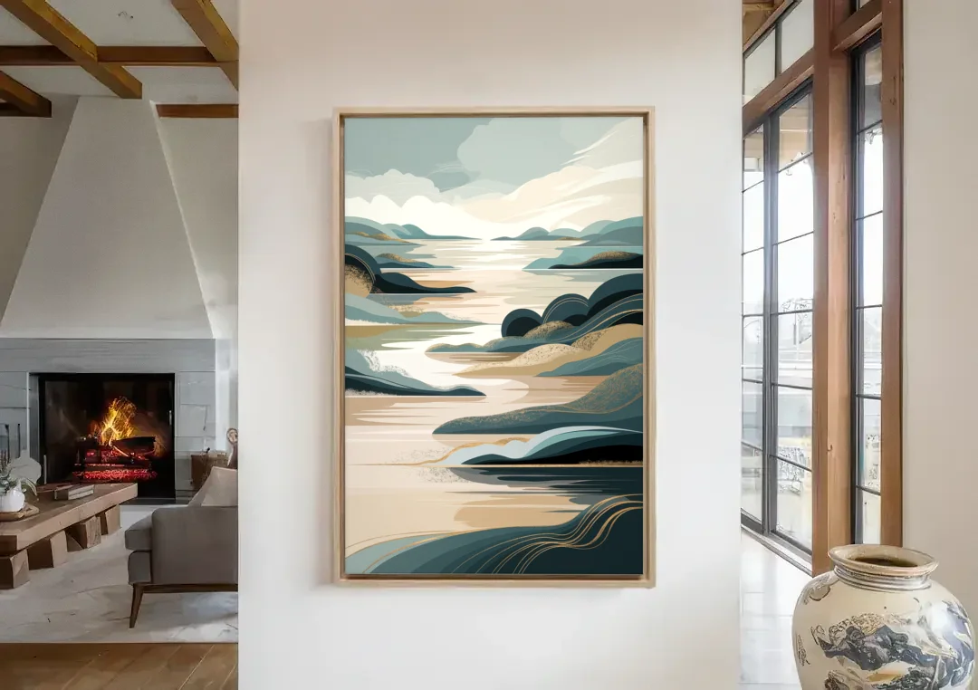 Joseph Scenic Horizon canvas wall art in a living room with a fireplace