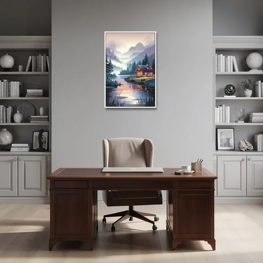 Joseph Serene Waterfront - White Framed Canvas Wall Art - Office - 24x36