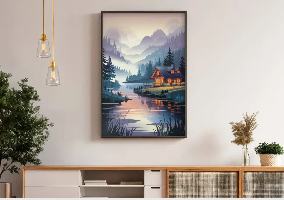 Joseph Serene Waterfront canvas wall art above a wooden sideboard under pendant lights