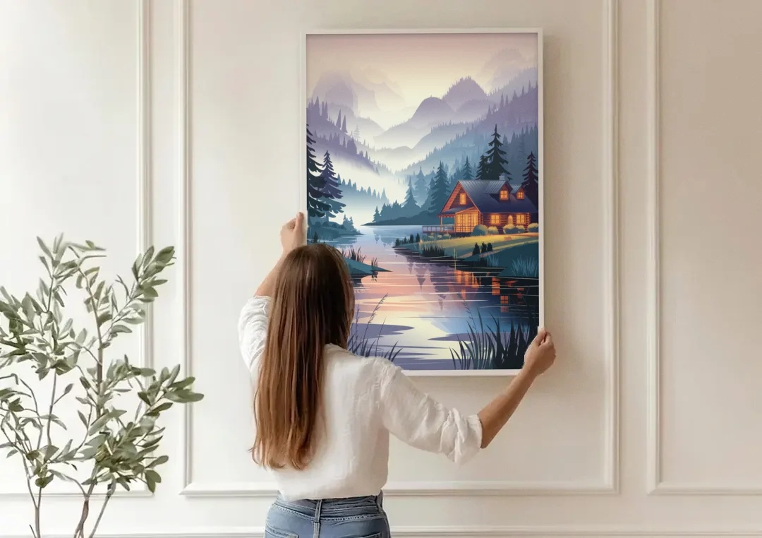 Joseph Serene Waterfront canvas wall art being hung on a paneled wall