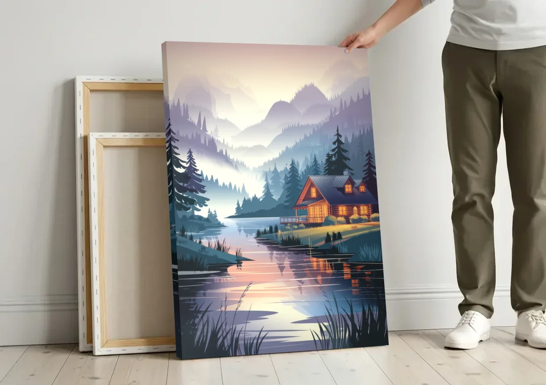 Joseph Serene Waterfront canvas wall art leaning against a wall next to blank canvases