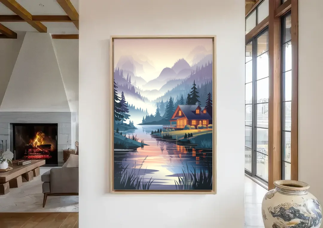 Joseph Serene Waterfront canvas wall art in a living room with a fireplace