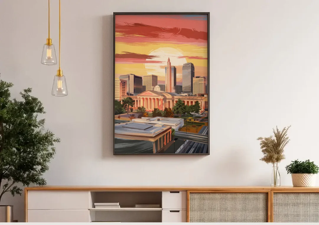 Joseph Skyline Sunset canvas wall art above a wooden sideboard under pendant lights