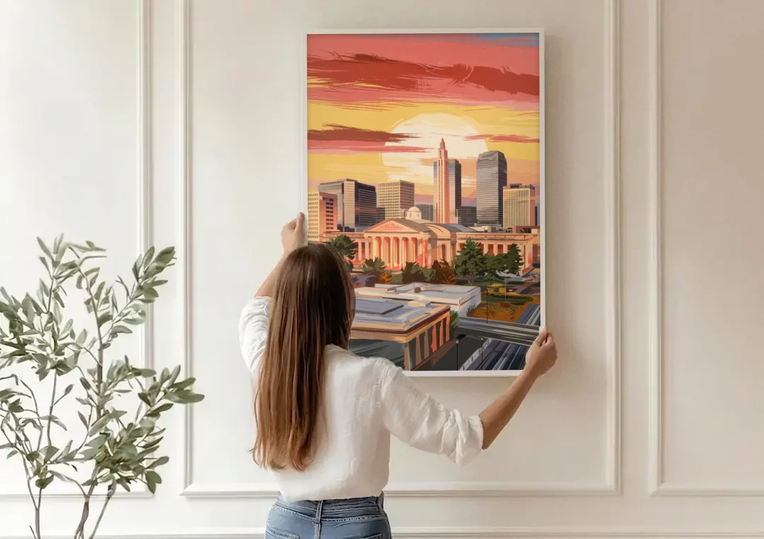 Joseph Skyline Sunset canvas wall art being hung on a paneled wall