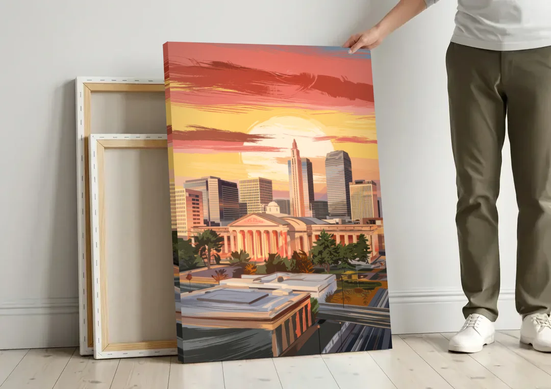 Joseph Skyline Sunset canvas wall art leaning against a wall next to blank canvases