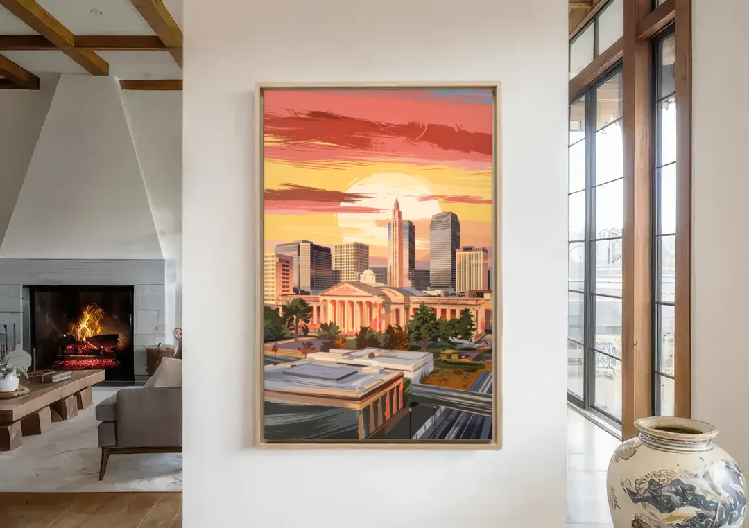 Joseph Skyline Sunset canvas wall art in a living room with a fireplace