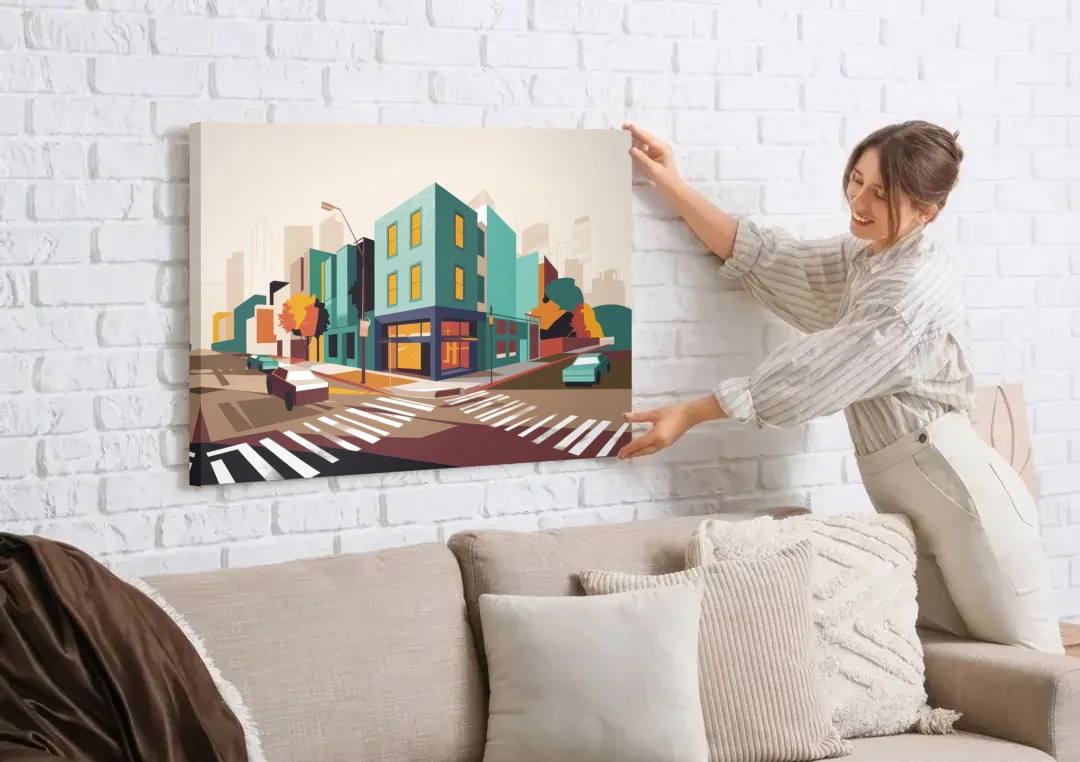 Joseph Urban Landscape canvas wall art being hung on a white brick wall above a sofa