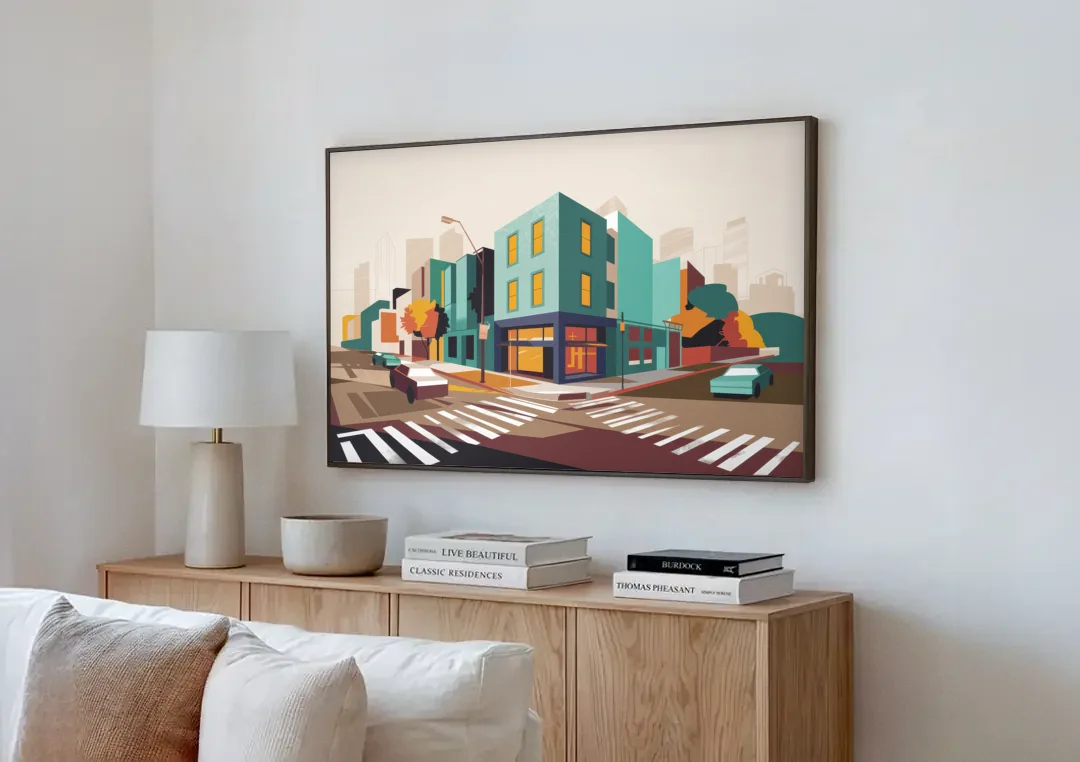 Joseph Urban Landscape canvas wall art above a wooden sideboard next to a sofa