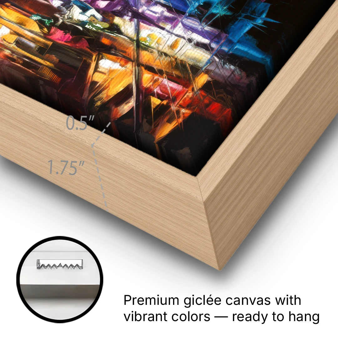 Joseph Vibrant Streets - Oak Framed Canvas Wall Art - Gallery Wrap Corner
