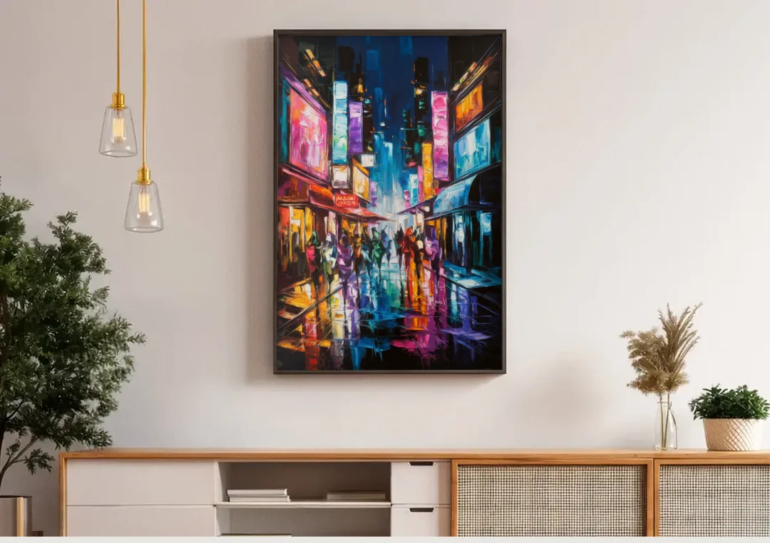 Joseph Vibrant Streets canvas wall art above a wooden sideboard under pendant lights
