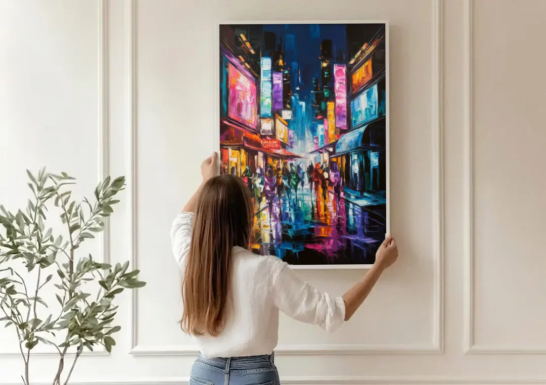 Joseph Vibrant Streets canvas wall art being hung on a paneled wall
