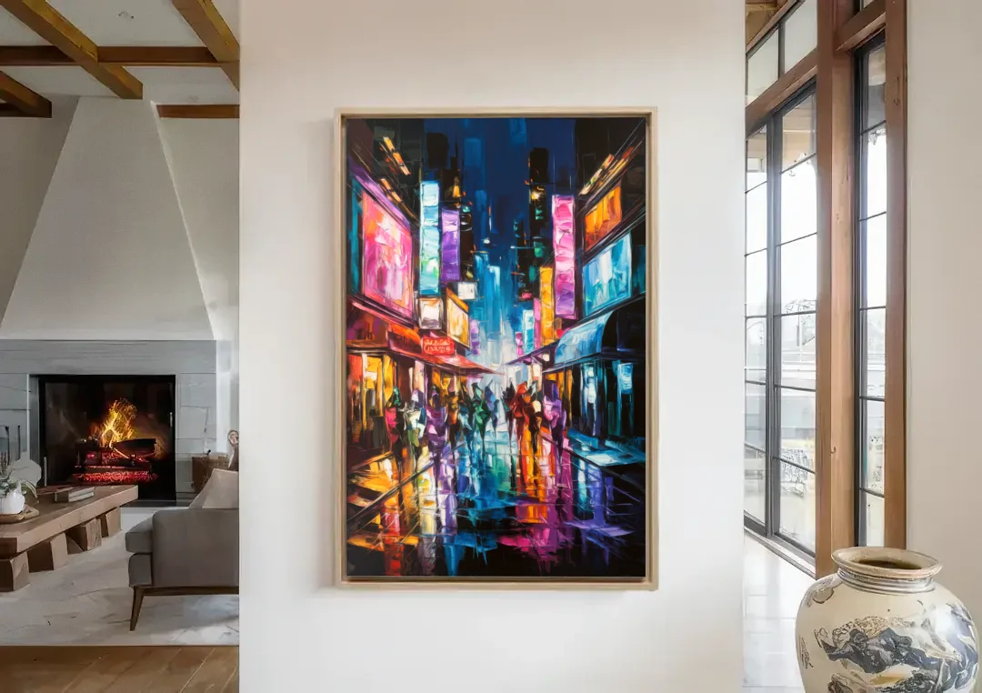 Joseph Vibrant Streets canvas wall art in a living room with a fireplace