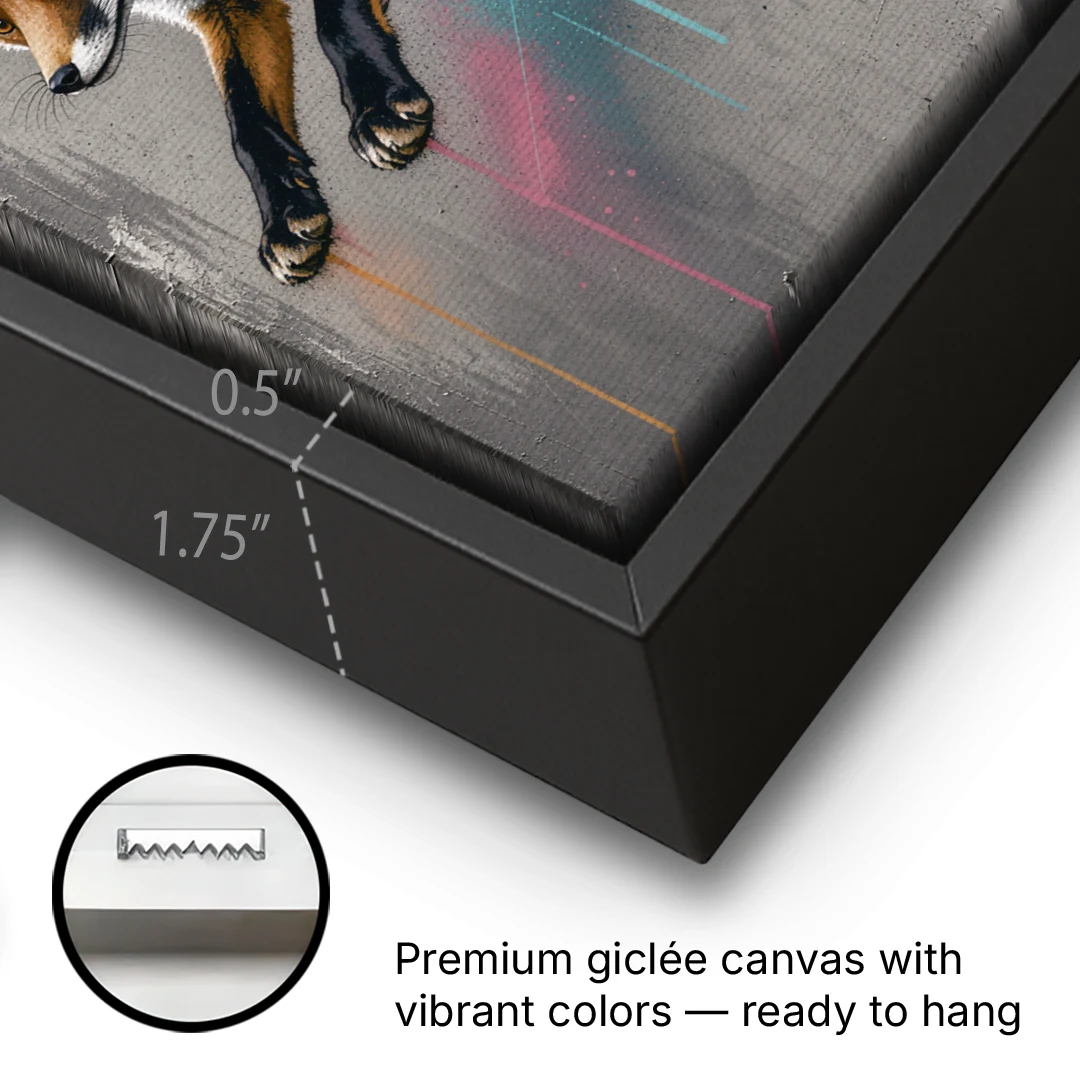 Jumping Fox on Concrete in Graffiti Style - Black Framed Canvas Wall Art - Gallery Wrap Corner