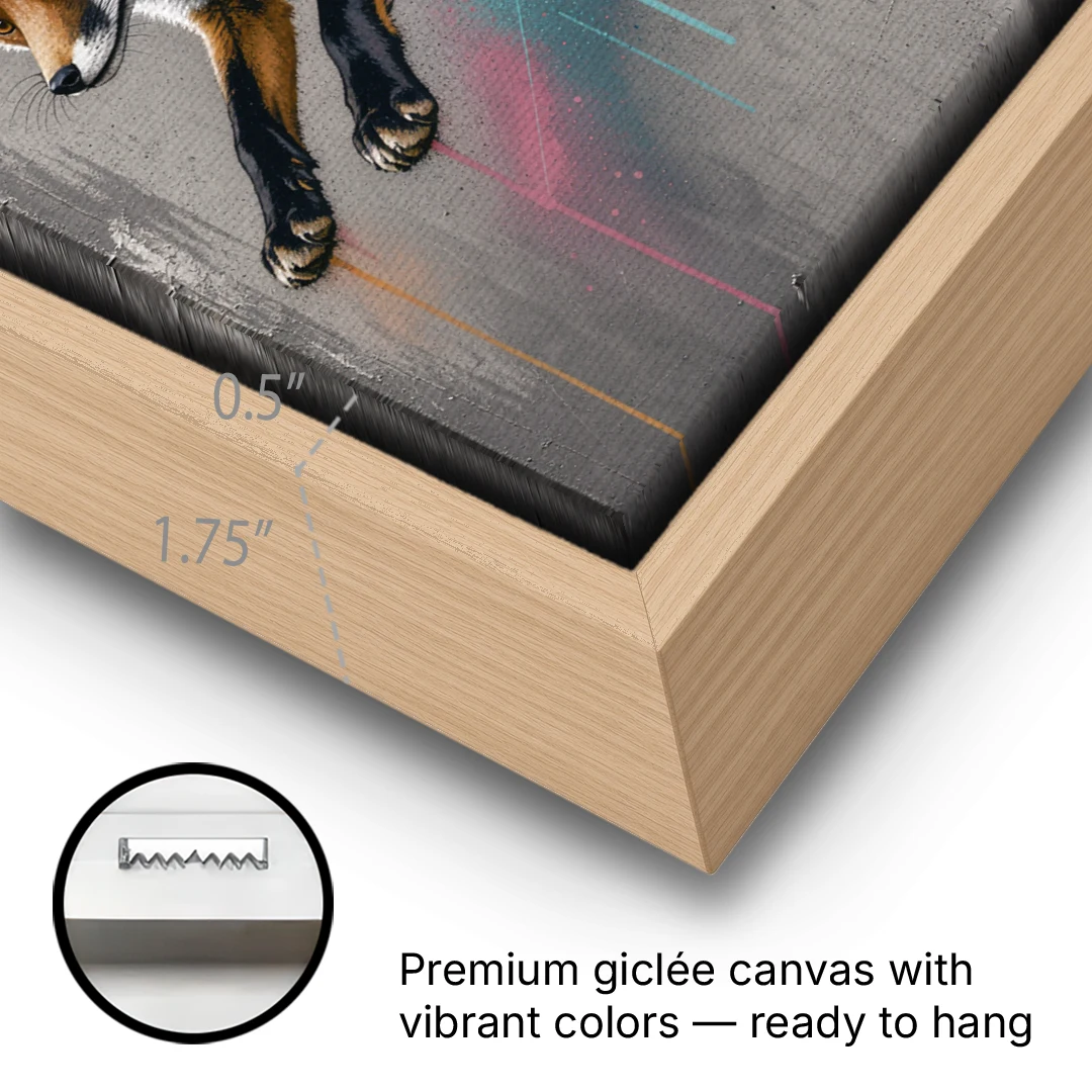 Jumping Fox on Concrete in Graffiti Style - Oak Framed Canvas Wall Art - Gallery Wrap Corner