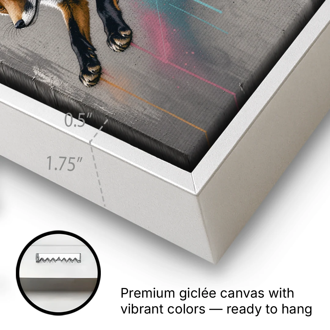 Jumping Fox on Concrete in Graffiti Style - White Framed Canvas Wall Art - Gallery Wrap Corner