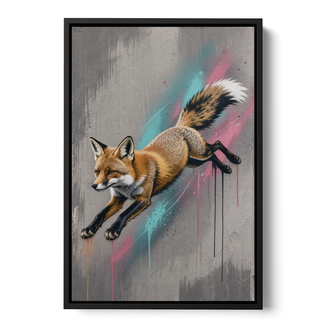 Jumping Fox on Concrete in Graffiti Style - Black Framed Canvas Wall Art - Front