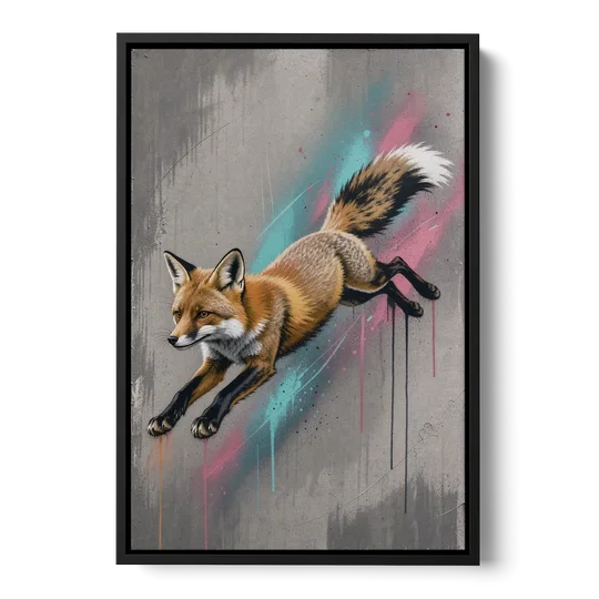 Jumping Fox on Concrete in Graffiti Style - Black Framed Canvas Wall Art - Front