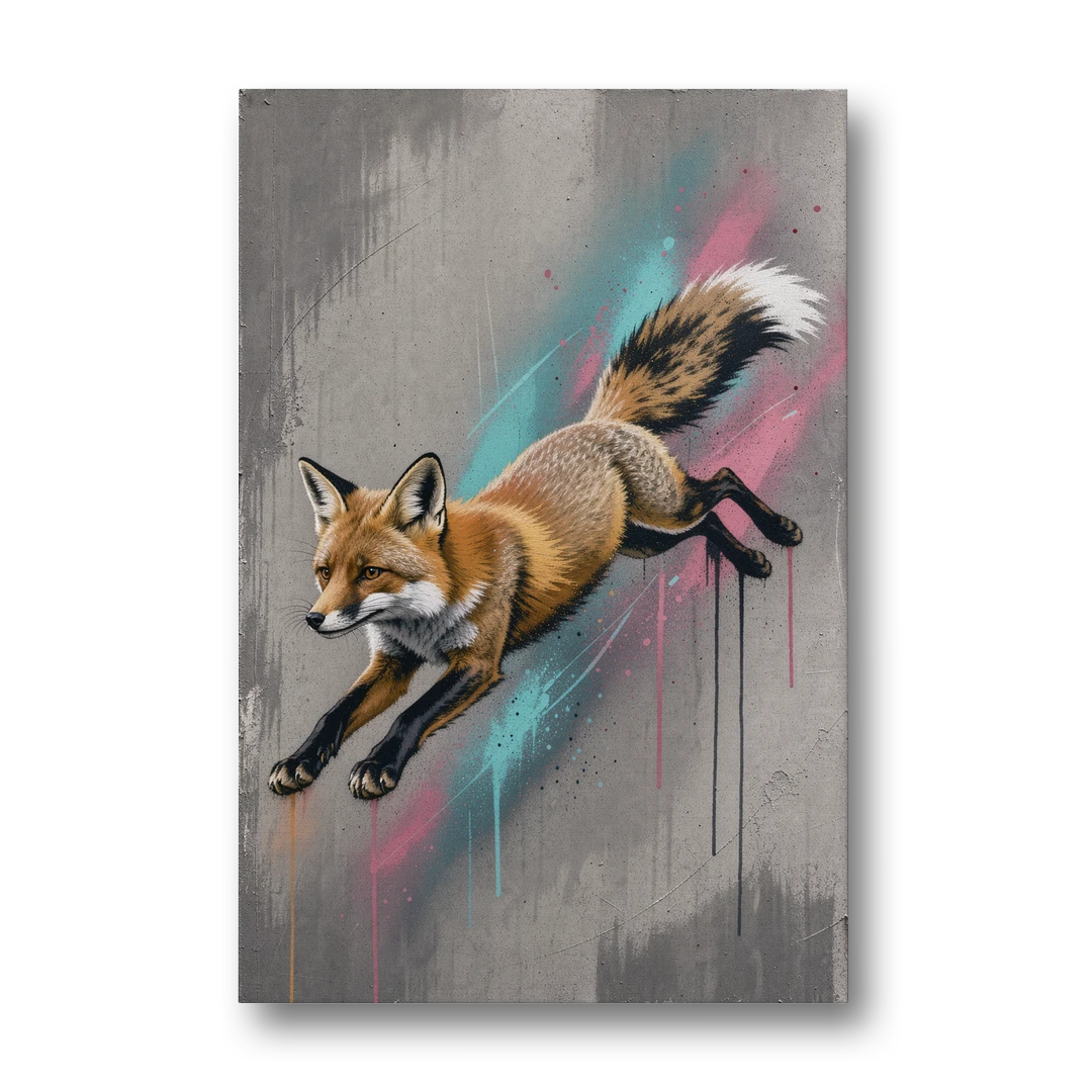 Jumping Fox on Concrete in Graffiti Style - Canvas Wall Art - Front