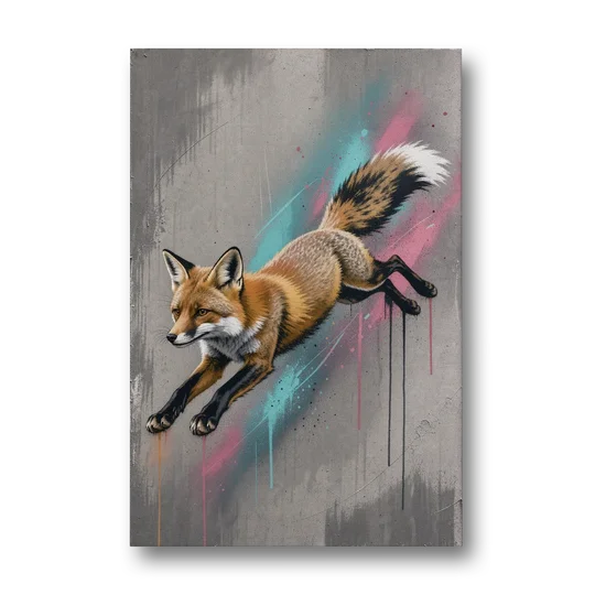 Jumping Fox on Concrete in Graffiti Style - Canvas Wall Art - Front
