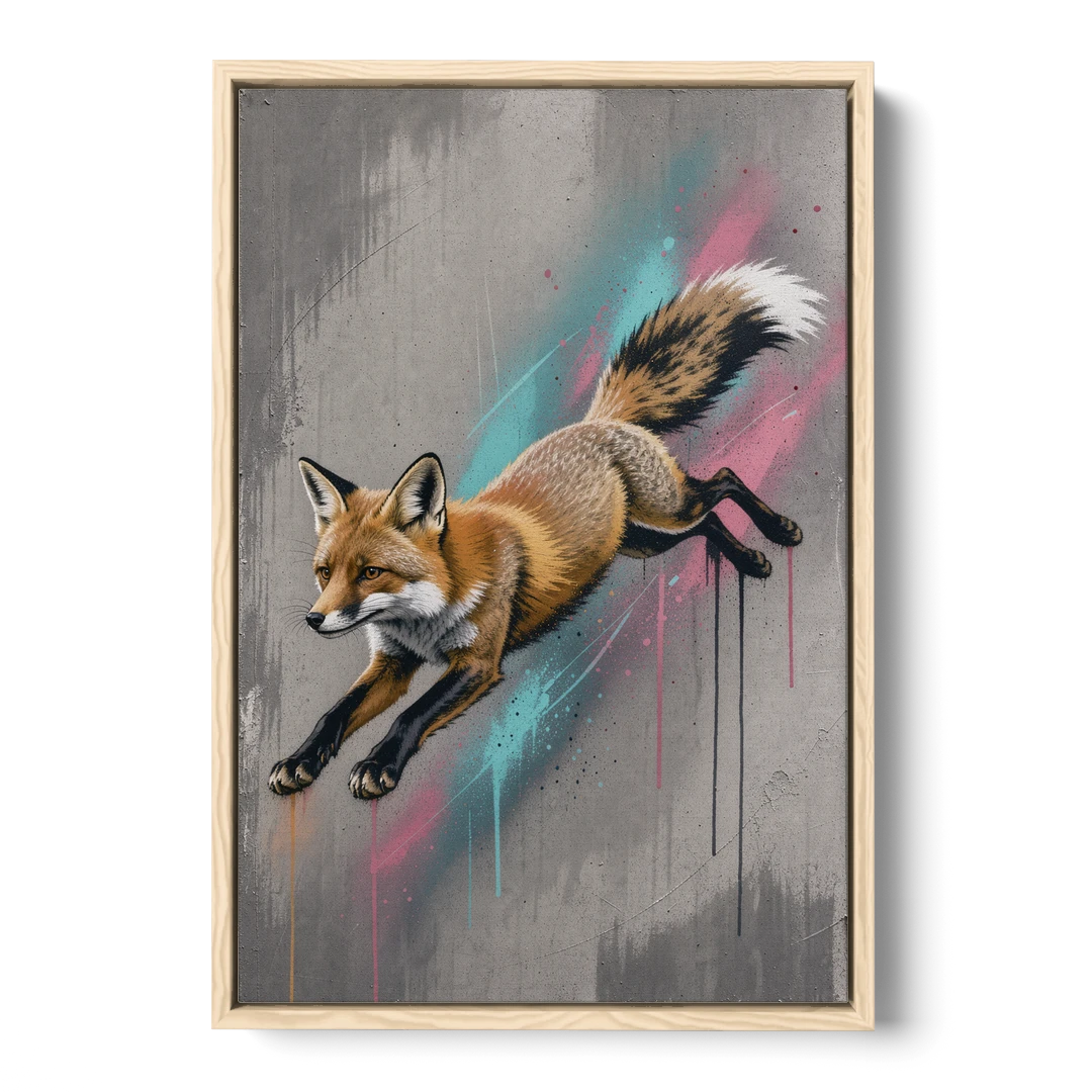 Jumping Fox on Concrete in Graffiti Style - Oak Framed Canvas Wall Art - Front