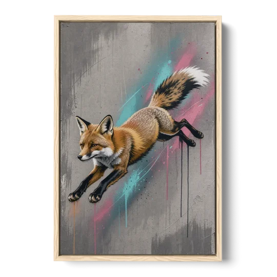 Jumping Fox on Concrete in Graffiti Style - Oak Framed Canvas Wall Art - Front