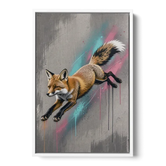 Jumping Fox on Concrete in Graffiti Style - White Framed Canvas Wall Art - Front