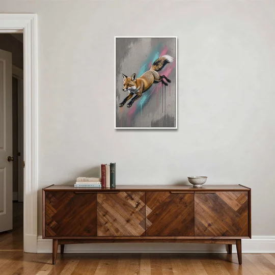 Jumping Fox on Concrete in Graffiti Style - White Framed Canvas Wall Art - Coffee Table - 24x36