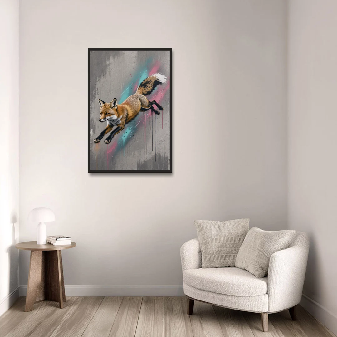 Jumping Fox on Concrete in Graffiti Style - Black Framed Canvas Wall Art - Sofa - 24x36