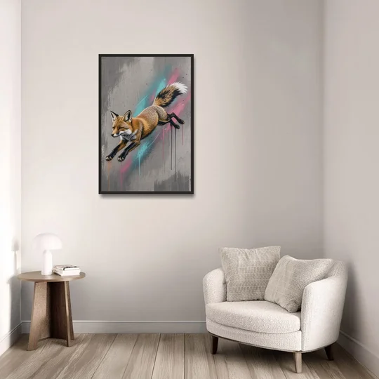 Jumping Fox on Concrete in Graffiti Style - Black Framed Canvas Wall Art - Sofa - 24x36