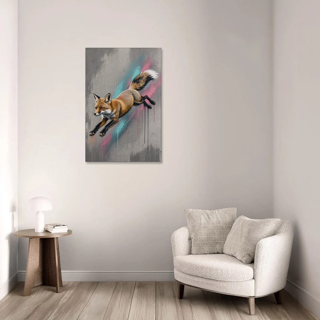 Jumping Fox on Concrete in Graffiti Style - Canvas Wall Art - Sofa - 24x36