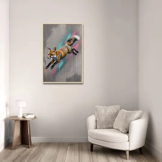 Jumping Fox on Concrete in Graffiti Style - Oak Framed Canvas Wall Art - Sofa - 24x36
