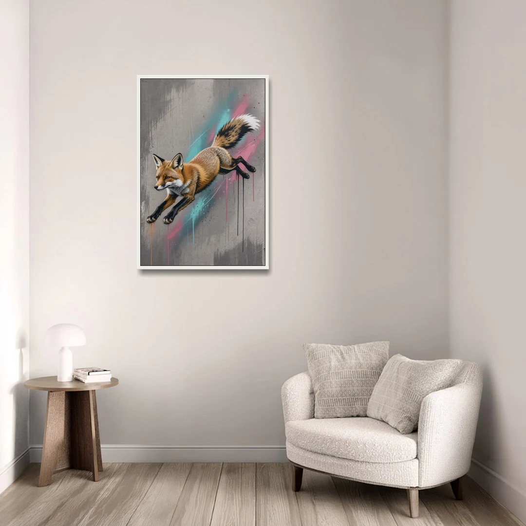 Jumping Fox on Concrete in Graffiti Style - White Framed Canvas Wall Art - Sofa - 24x36
