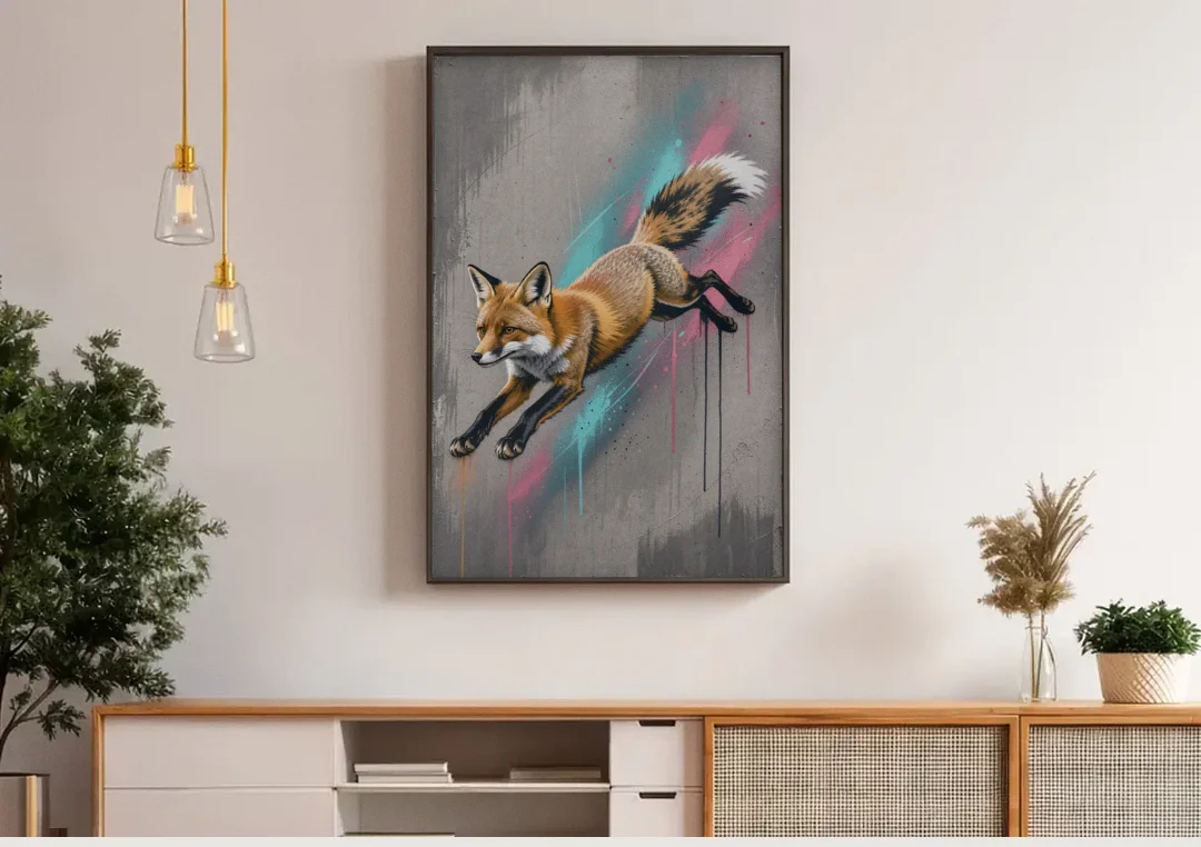 Jumping Fox on Concrete in Graffiti Style canvas wall art above a wooden sideboard under pendant lights