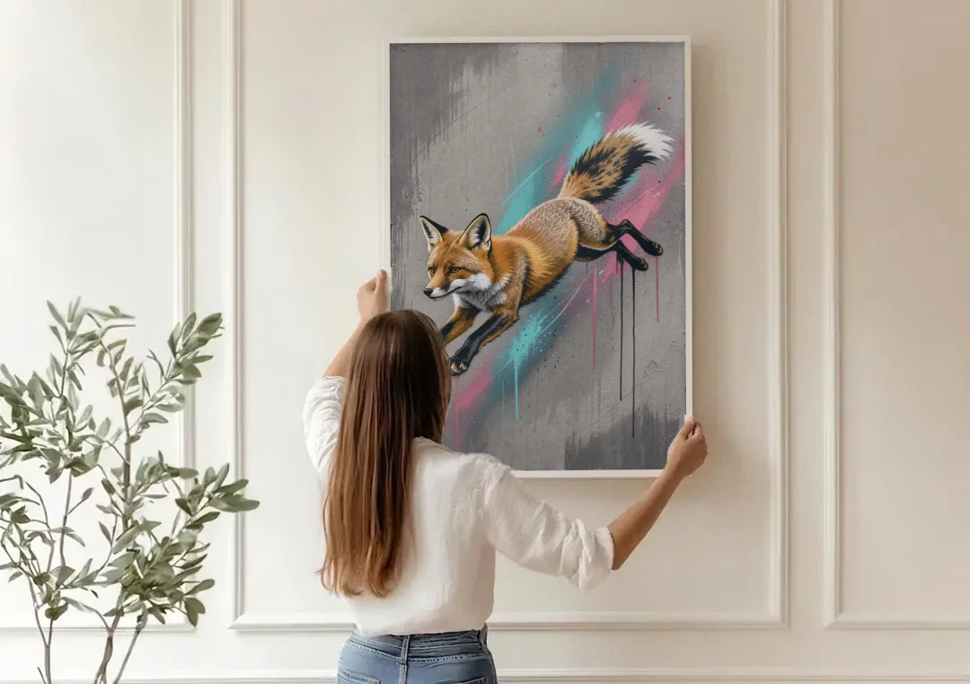 Jumping Fox on Concrete in Graffiti Style canvas wall art being hung on a paneled wall