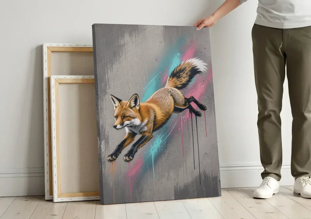 Jumping Fox on Concrete in Graffiti Style canvas wall art leaning against a wall next to blank canvases